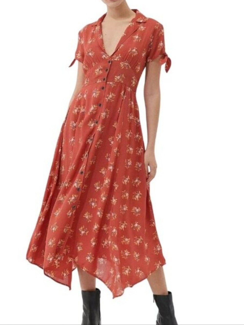 Urban Outfitters Elle Button Through Midi Dress Red Floral Size XS